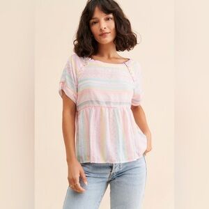 Anthropologie White Neon Embroidered Rainbow Letty Babydoll Blouse Top XS